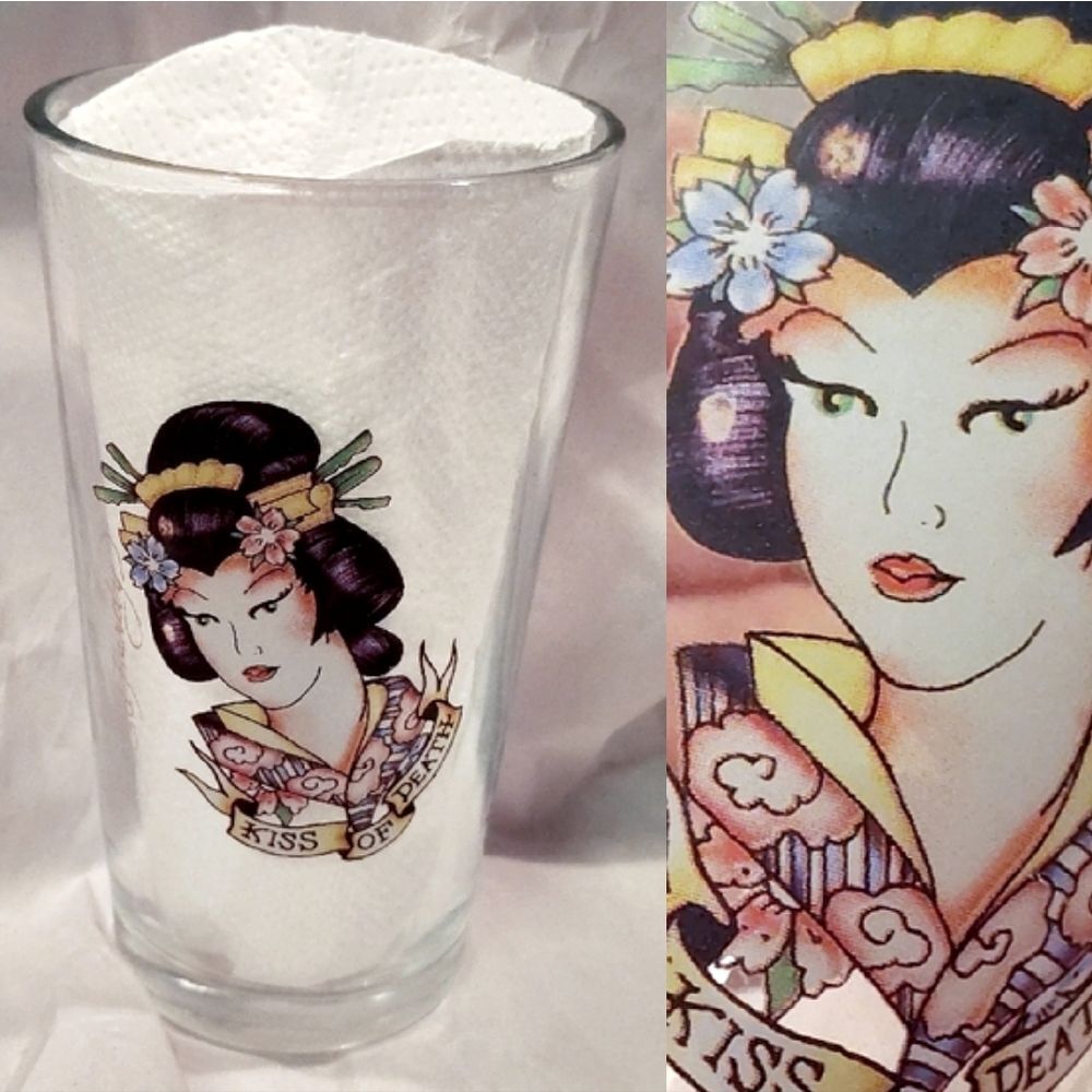 Ed Hardy Christian Audigier "Kiss of Death" Geisha‎ Tattoo Art Pint Glass 16oz